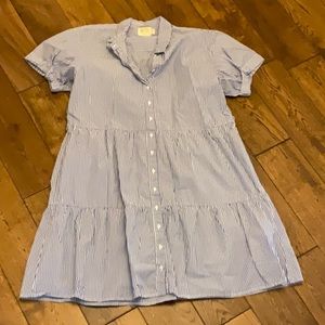 Blue and white pinstripe shirtwaist dress